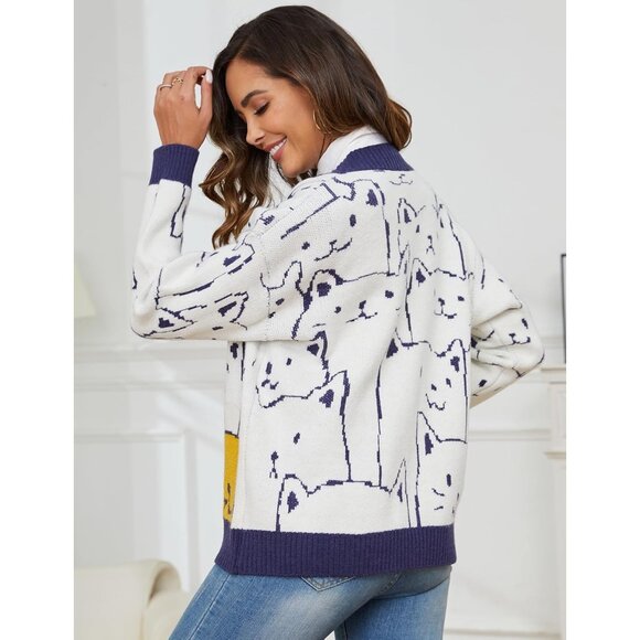 Women's Oversized Cat Cardigan Sweater Knit V-Neck Button Up Casual - Picture 3 of 7